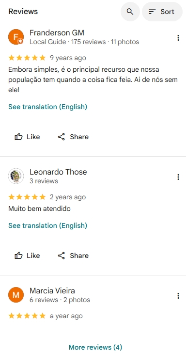 Screenshot of a reviews list showing three 5-star reviews with short Portuguese comments (Franderon GM, Leonardo Those, Marcia Vieira).