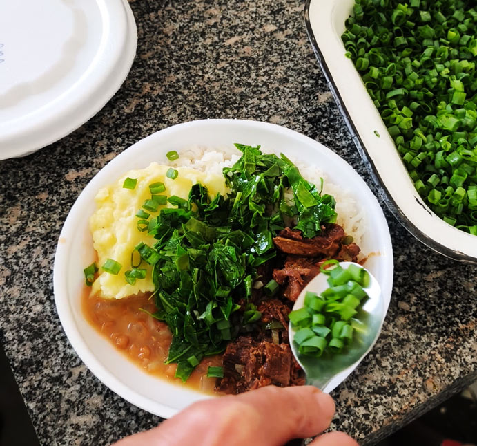 Bowl of white rice topped with greens, beef, and gravy; a spoon adds chopped green onions.